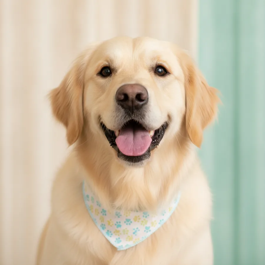 A happy golden retriever with a freshly brushed coat and a little paw-print bandana