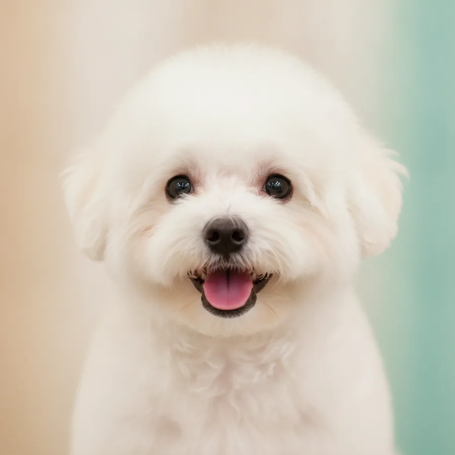 A fluffy white bichon frise with a perfectly round, freshly groomed face