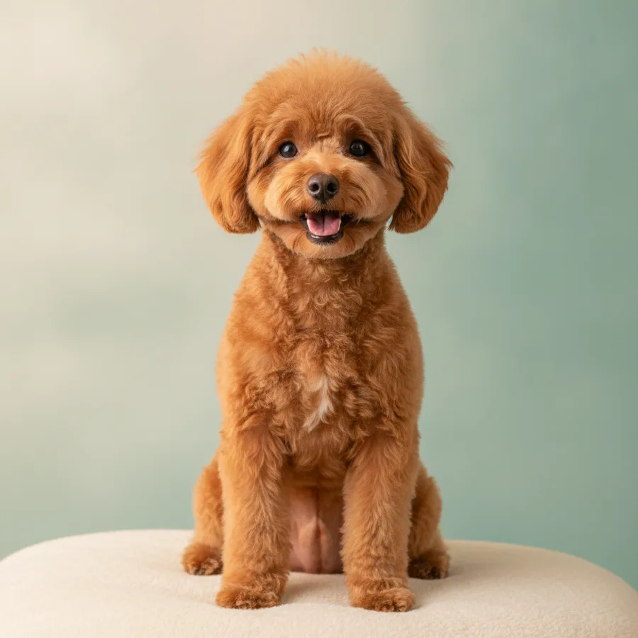 An apricot toy poodle with a stylish rounded groom, sitting proudly