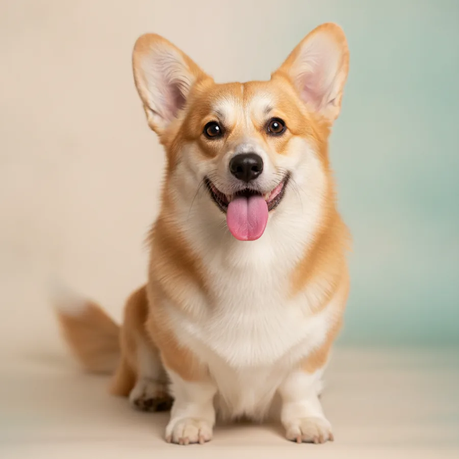 A smiling corgi with a shiny, freshly brushed coat and tongue out