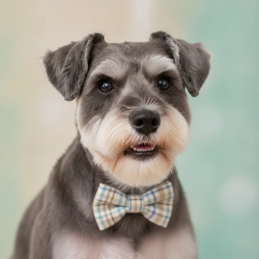 A dapper miniature schnauzer with a neat groomed beard and a plaid bow tie