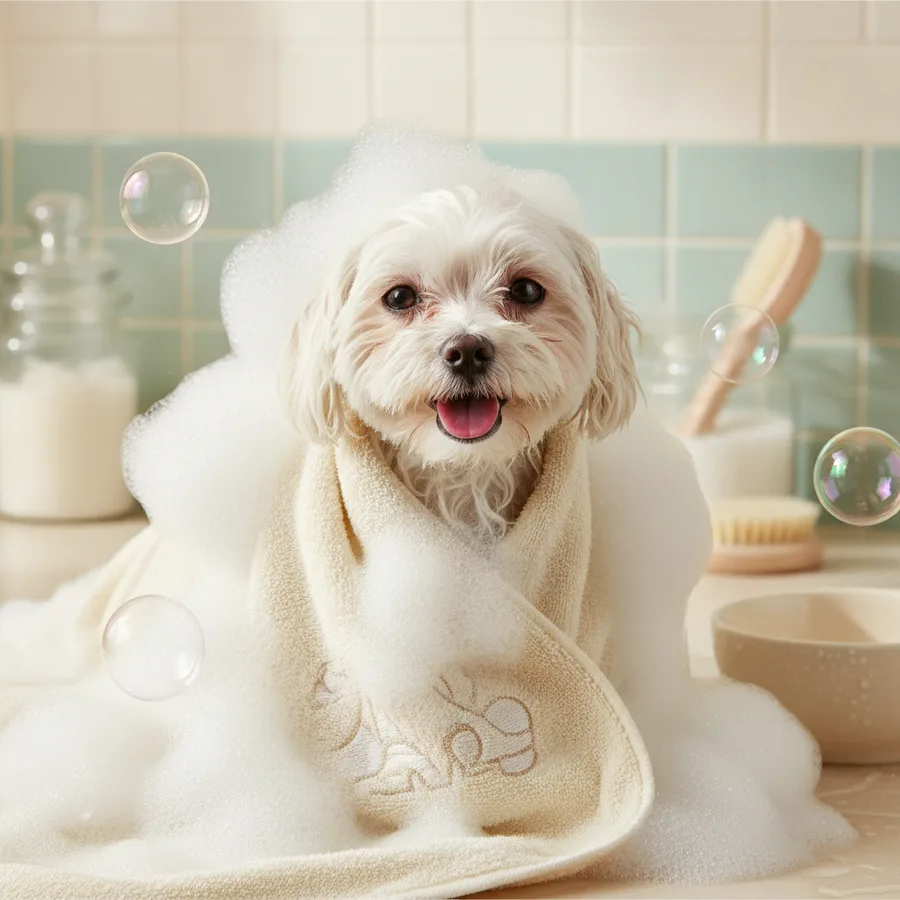 A freshly bathed little dog wrapped in a soft towel, surrounded by bubbles
